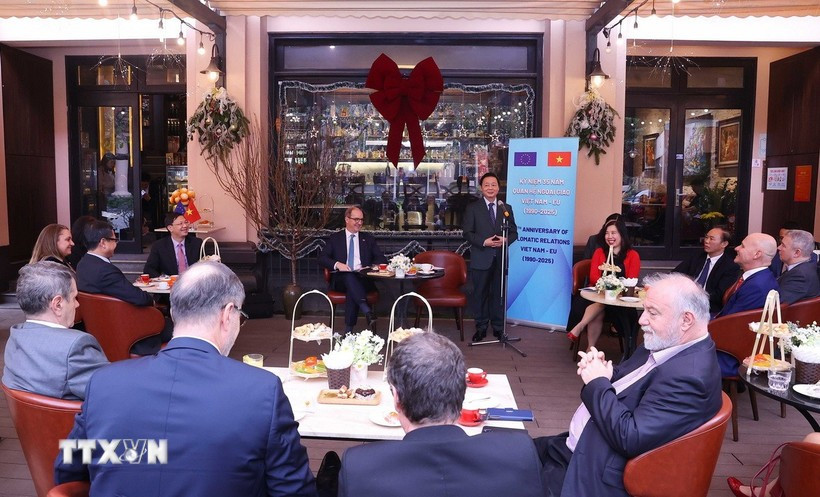 Общий вид встречи заместителя Премьер-министра Чан Хонг Ха с послами, временными поверенными в делах Европейского союза и государств-членов. Фото: ВИА.