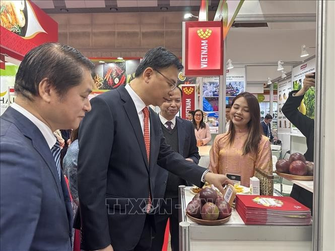Посол Вьетнама в Японии Фам Куанг Хиеу осматривает стенд, на котором представлены фрукты из Вьетнама. Иллюстративное фото: ВИА.