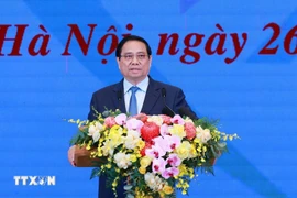 Премьер-министр Фам Минь Тьинь выступает на конференции, подводящей итоги Программы и движения «Вся страна совместно ликвидирует временное и ветхое жильё» (Фото: ВИА)