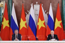 Генсек То Лам и президент России Владимир Путин общаются с прессой (Фото: ВИА) 