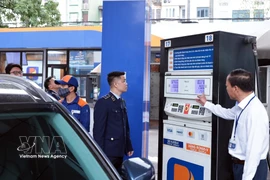 Сотрудники группы № 2 управления по контролю рынка при городском управлении по контролю рынка Ханоя осуществляют надзор за деятельностью автозаправочной станции компании Petrolimex на улице Чанкуангкхай в Ханое. (Фото: ВИА)