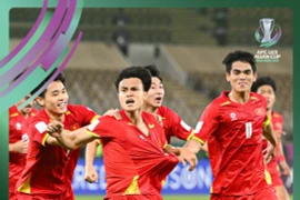 Игрок под № 21 Минь Фук забивает решающий гол, принесший сборной Вьетнама U23 итоговую победу со счётом 3:2 над ОАЭ U23. (Фото: AFC)