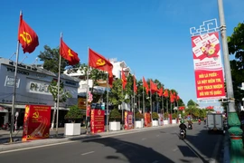Флаги, цветы и агитационные панно, посвящённые выборам депутатов Национального собрания XVI созыва и депутатов Народных советов всех уровней на срок полномочий 2026–2031 годов, размещены на улице 16 апреля в квартале Фанранг провинции Кханьхоа. (Фото: ВИА)