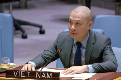Советник Нгуен Хоанг Нгуен, временный поверенный в делах Постоянного представительства Вьетнама при ООН, выступает на дискуссионном заседании. Фото: ВИА.
