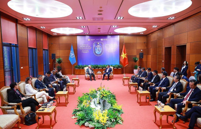 Общий вид встречи (Фото: ВИА) vna-potal-cong-uoc-ha-noi-thu-tuong-pham-minh-chinh-gap-tong-thu-ky-lien-hop-quoc-8362556.jpg