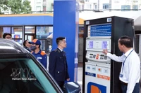 Сотрудники группы № 2 управления по контролю рынка при городском управлении по контролю рынка Ханоя осуществляют надзор за деятельностью автозаправочной станции компании Petrolimex на улице Чанкуангкхай в Ханое. (Фото: ВИА)