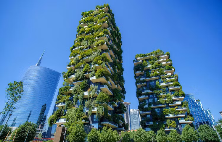 Построенный 7 лет назад жилой дом Bosco Verticale в Милане (Италия) состоит из двух башен с залитыми зеленью балконами, образующими «две зеленые башни». На этом 111-метровом объекте высажено более 900 деревьев. (Фото: Getty Images)