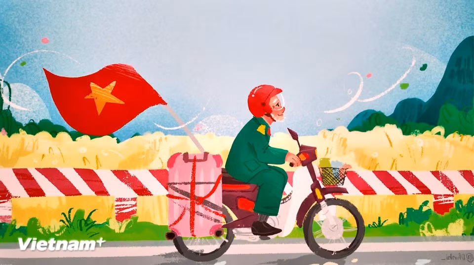 Одним из популярных сюжетов стала тема ветеранов, счастливых в мирное время. На одной из картин изображён ветеран Чан Ван Тхань, преодолевший тысячи километров на своём «боевом коне», чтобы попасть на празднование A50. (Фото: Vietnam+)