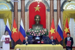 Президент Вьетнама То Лам и Президент Российской Федерации Владимир Путин стали свидетелями обмена документами о сотрудничестве, подписанными между двумя странами. (Фото: ВИА)
