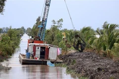 Углубление оросительных каналов в поле для хранения прессной воды, чтобы справиться с засухой и засолением в уезде Хондат, Киенжанг. (Фото: Ле Юи Хай/ВИА)