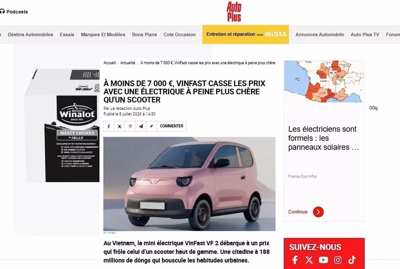 Публикация от 9 июля 2026 года во французском автомобильном журнале Auto Plus — одном из наиболее тиражных специализированных автомобильных изданий страны — с положительными оценками компактного электромобиля VinFast VF2. (Фото: ВИА).