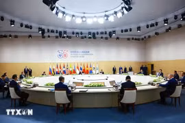 Премьер-министр Ле Минь Хынг и главы делегаций стран-участниц Саммита, посвящённого 35-летию отношений АСЕАН–Россия, принимают участие во встрече по вопросам евразийской интеграции. Фото: ВИА.