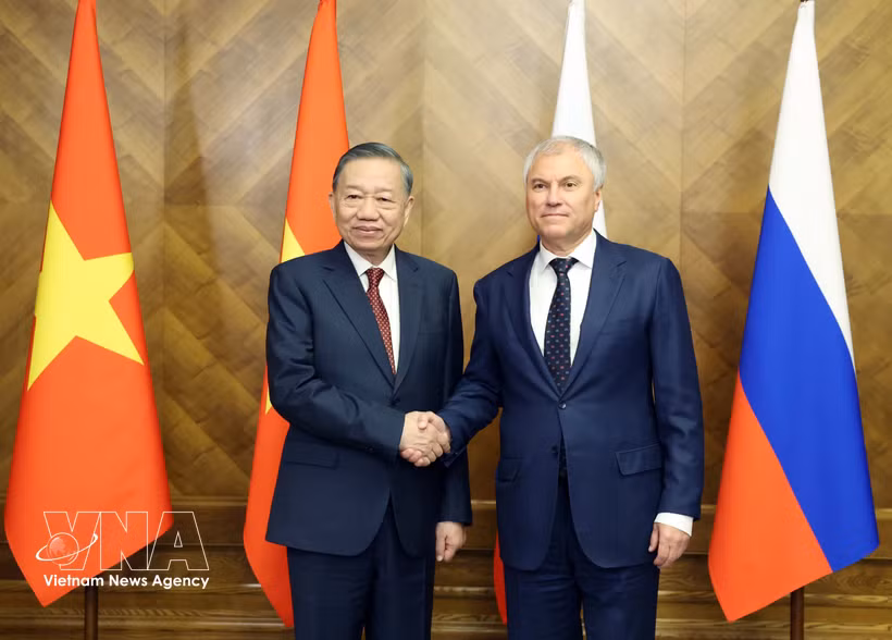 Генсек, Президент Вьетнама То Лам встретился с Председателем Государственной Думы РФ Вячеславом Володиным (Фото: ВИА)