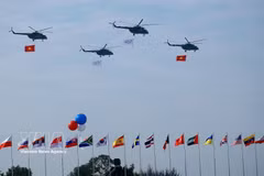 Группа вертолётов с государственными флагами Вьетнама выполняет показательный полёт на церемонии открытия Международной выставки оборонной промышленности Вьетнама 2024 года. Фото: ВИА