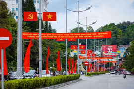 Флаги Партии, Государственный флаг, а также транспаранты и лозунги создают оживлённую праздничную атмосферу на улицах кварталов города Дьенбьенфу (Фото: ВИА)